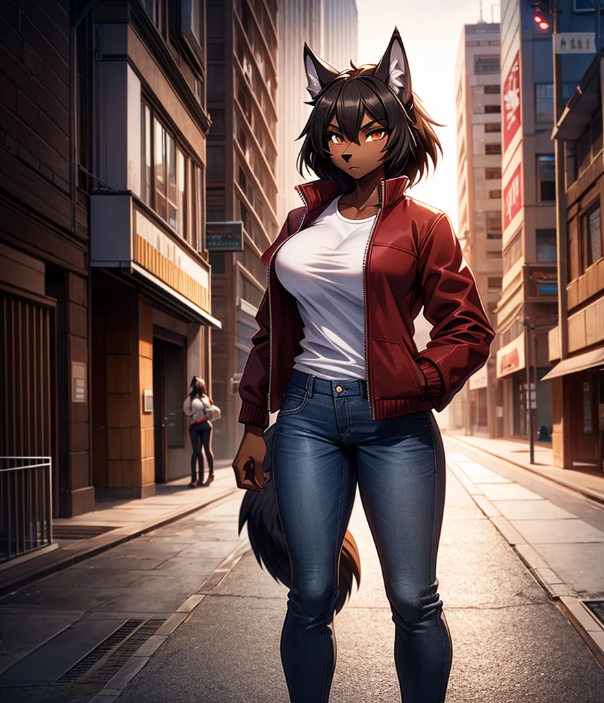 By r-mk, ((Wolf)) (woman) ((brown skin)) standing straight, red cotton jacket, white t-shirt, jeans, black hair, [[serious face]], female eyes, tall woman (furry), muscles, 30 years old, [medium size breast], ((cotton jacket)), [[short hair]], detailed face, good anatomy, well illuminated, sidewalk, ondulated hair, [wolf snout], solo, [face close up], short wolf tail, 2d