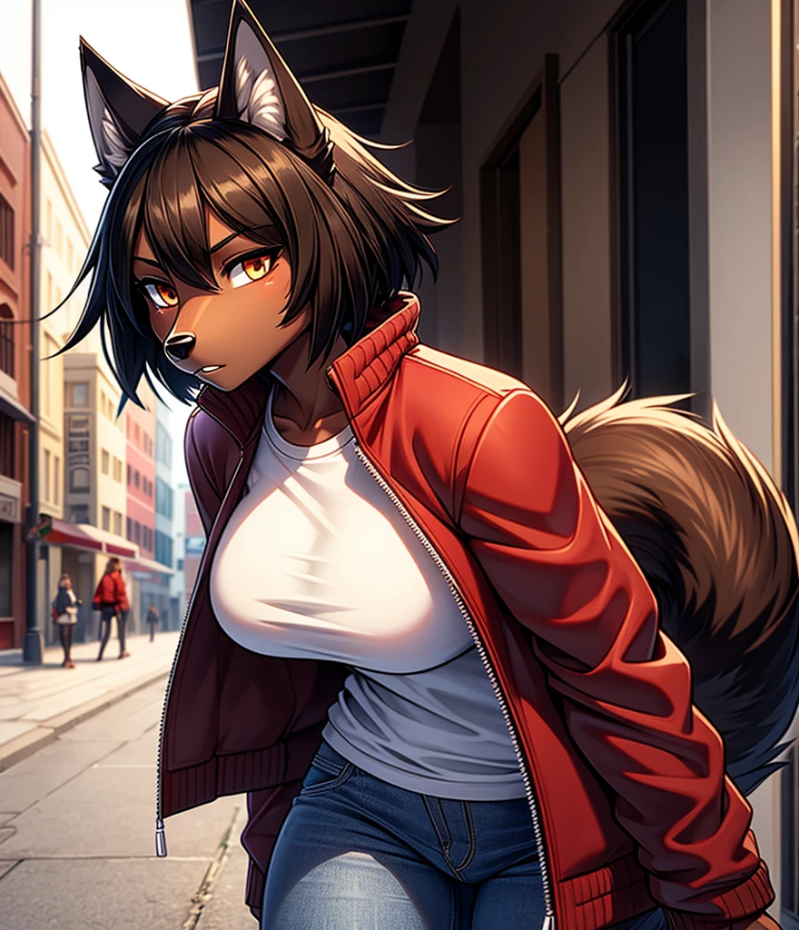 By r-mk, ((Wolf)) (woman) ((brown skin)) standing straight, red cotton jacket, white t-shirt, jeans, black hair, [[serious face]], female eyes, tall woman (furry), muscles, 30 years old, [medium size breast], ((cotton jacket)), [[short hair]], detailed face, good anatomy, well illuminated, sidewalk, ondulated hair, [wolf snout], solo, [face close up], short wolf tail, 2d