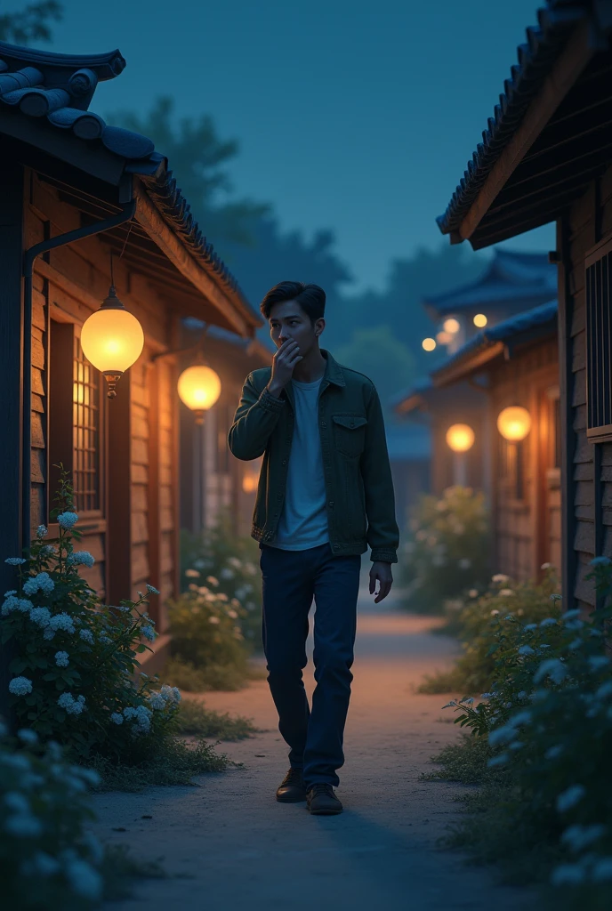 A young man walks in the middle of the village at night, his house is made of wood and lit by dim round light bulbs., aimed at the empty house on the left,covering his nose because he smelled jasmine flowers with his hand