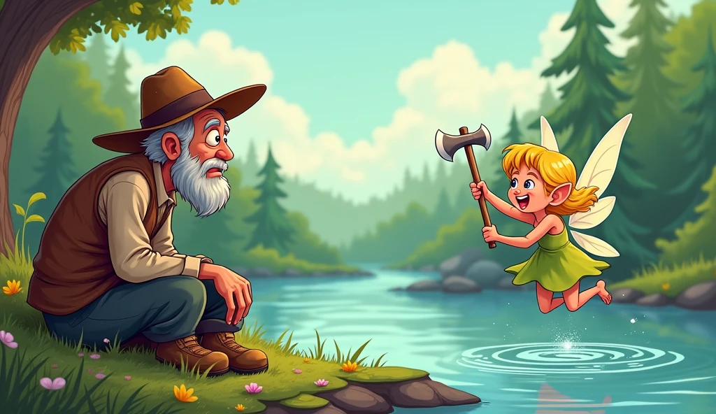 Poor old woodcutter sit on the bank of river and fary go in to water She dived into the river and brought up But the water comes with 3 axes golden silver and simple give the man cartoon