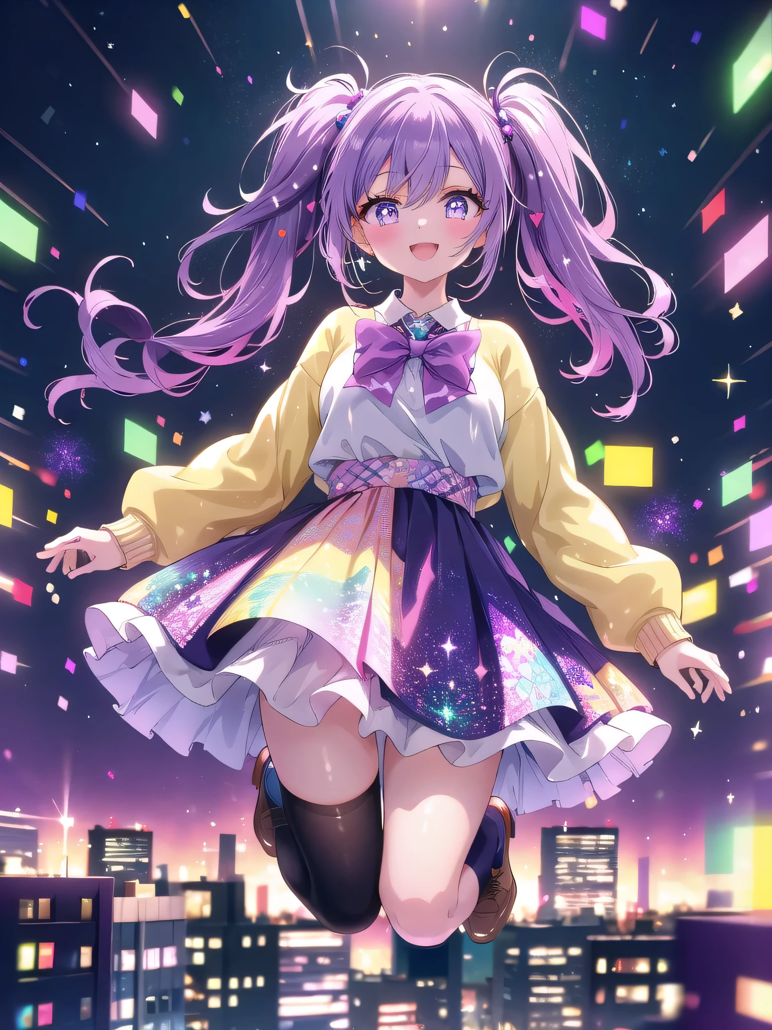 ((8k, Highest quality, masterpiece: 1.3)),Ultra-high resolution,(1 girl, alone), (Color changing eyes, Ultra-detailed, Expressive brilliance, Glitter, Glowing Eyes), Highly detailed eyes, Highly detailed face, Random Hair, ((pastel colour))Upbeat Jumping Pose
"Design a Vtuber character with medium-length purple hair with gentle gradient effects, styled in loose twin tails that bounce with her movements. Her eyes are a vibrant purple, filled with enthusiasm and kindness. The character is in a mid-air jumping pose, both arms joyfully raised above her head as she looks up with a big smile, conveying her upbeat and cheerful personality. She wears a playful outfit: a pastel-colored oversized sweater with heart patterns, paired with a short pleated skirt and knee-high socks. The camera angle is from below, capturing her energetic leap and making her appear as if she’s soaring. The background is a soft, blurred cityscape with warm, glowing lights to accentuate her bright and lively presence."
