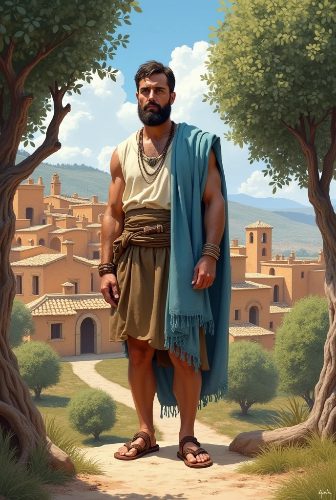 A light-skinned man, blue eyes, beard and dark brown hair, dressed in bone-colored tunic, brown short skirt, sandals tied up to the shins, and sky blue mantle observes a group of ochre-colored stone houses surrounded by olive trees