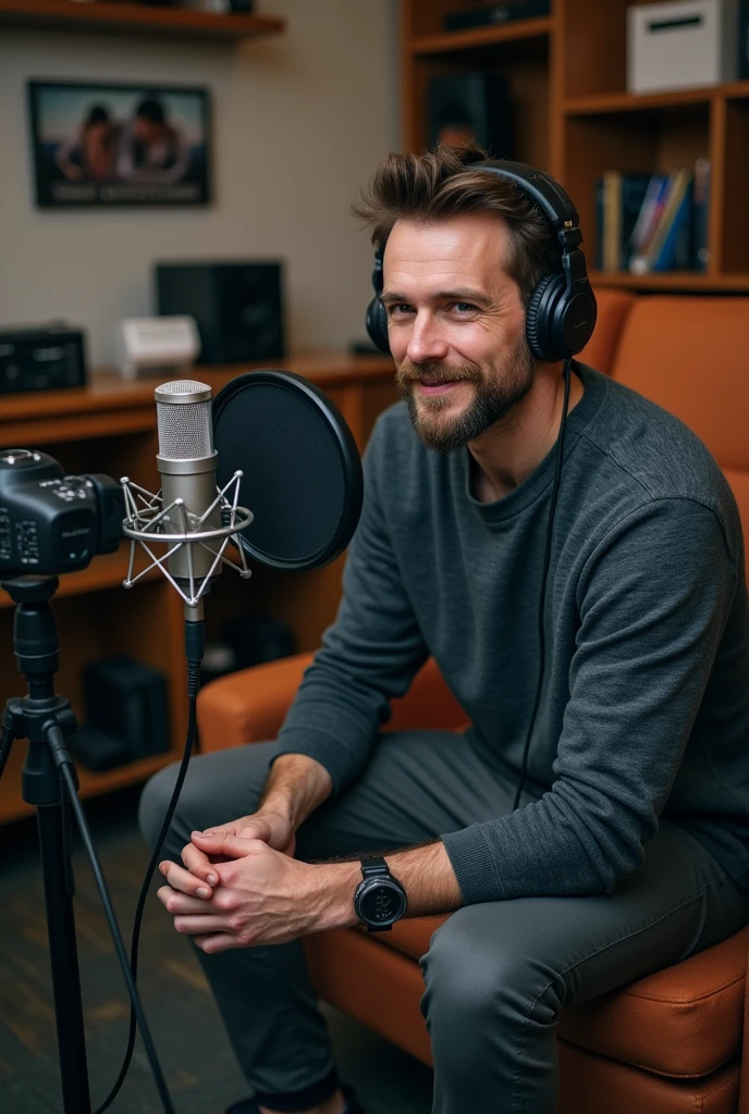 A men who set on his studio with a mic in front of camera