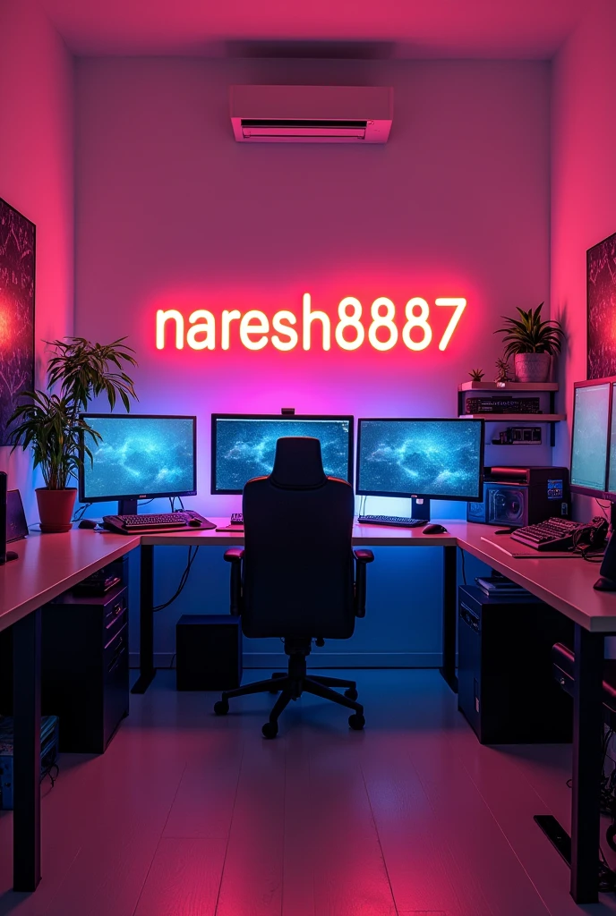 create a studio room with computer setup inside, on the wall behind as a brigh neon glowing text says NARESH8887  un 
 