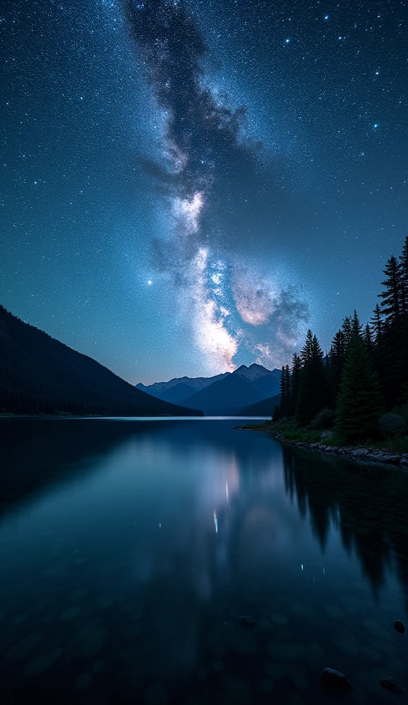 High-resolution photography, National Geographic style, capturing the mesmerizing night scene by the lake, where the sky is adorned with a swirling galaxy of stars, the Milky Way's spiral arms clearly visible, the lake's surface mirroring the celestial dance above, the surrounding landscape bathed in the soft glow of moonlight, trees and distant mountains silhouetted against the luminous sky, the air filled with the serene sounds of the night, the long exposure technique revealing the subtle movements of the stars, creating a sense of dynamic motion in the sky, the interplay of light and shadow enhancing the depth and detail of the environment, the juxtaposition of the calm lake and the vast, swirling galaxy evoking a profound sense of awe and connection to the cosmos, masterpiece, best quality, documentary style, atmospheric lighting, depth of field, detailed environment.