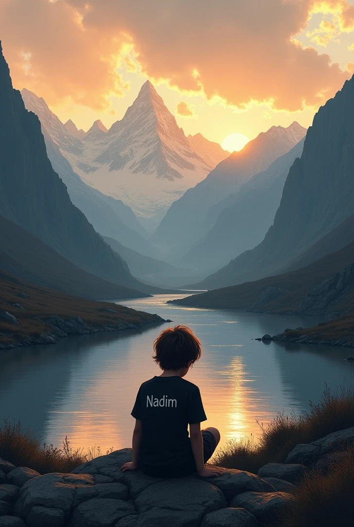 A sad boy is sitting alone,beside a river,on the mountain, sunsetting time, nadim name written on his backside of a black t shirt