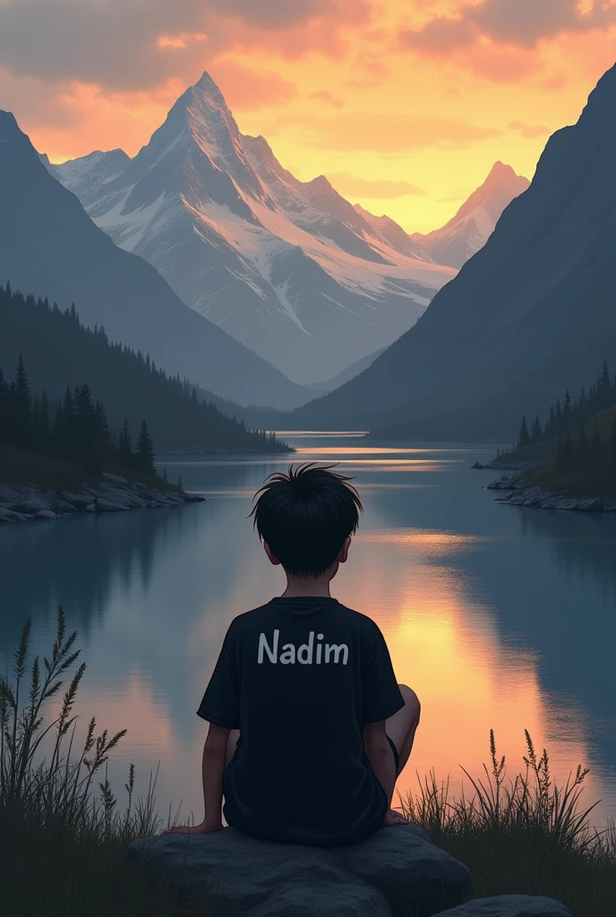 A sad boy is sitting alone,beside a river,on the mountain, sunsetting time, nadim name written on his backside of a black t shirt