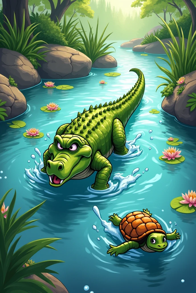  crocodile chased the turtle in pond in 2d cartoon 