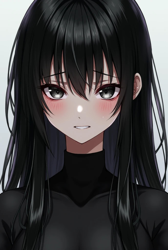 Make a teenage girl with long dark hair and bangs with anger and sadness in her eyes with a sexier black outfit and a beautiful smile 

