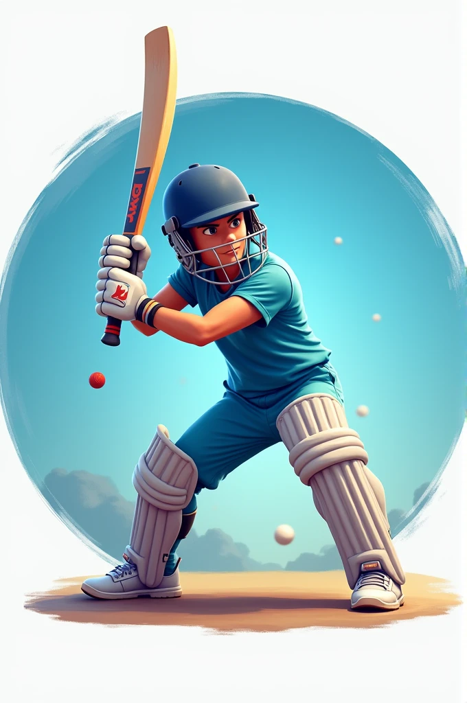 Animated player playing cricket & wearing helmet and bat in hand in circle outline with blue white gradient background