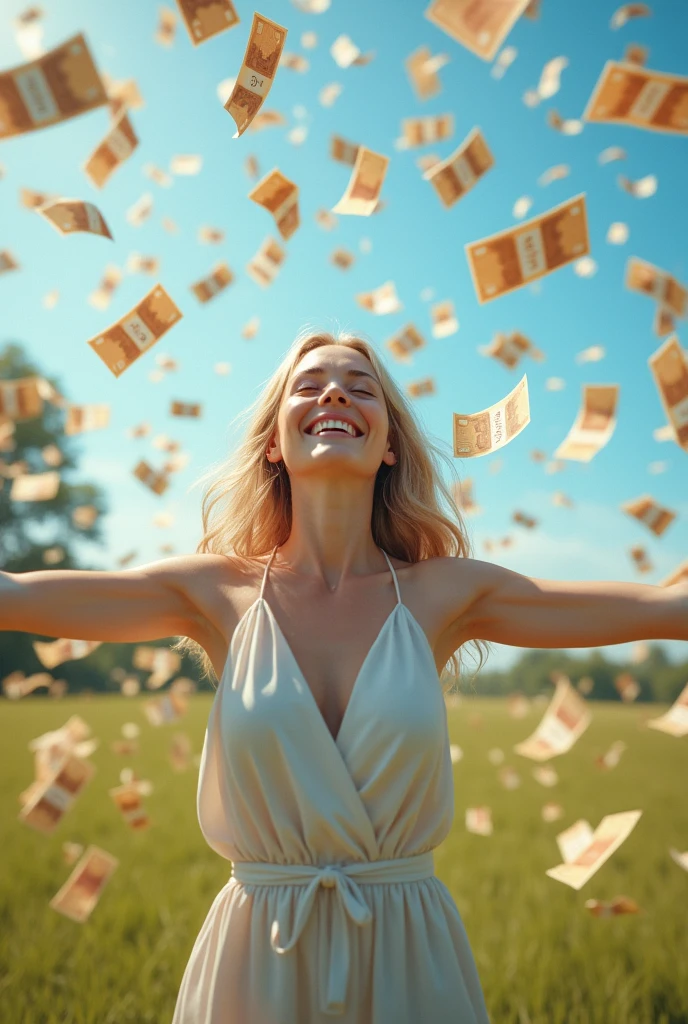 A beautiful Swedish woman smiles happily, looks up, and spreads her arms, waiting to receive money, which is falling from the sky in large amounts. 