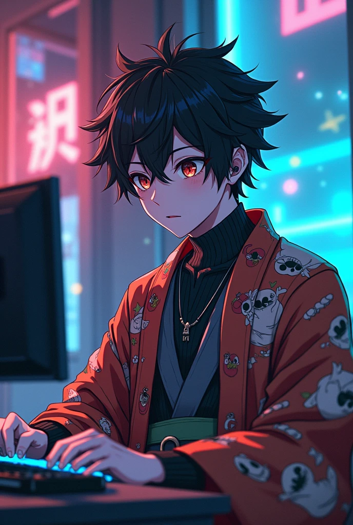 Male Anime Character with cyberpunk outfit and kimono of sloth playing video games