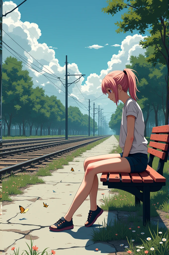 broken Copy prompts GameGirl , (blonde ponytail) with pink hair, 80's anime style, (flat chest), thighs, hips, small waist, park bench, biker shorts, cloudy day, near the train tracks, bike rack, Weak and withered plants, cracks in the sidewalk, butterflies and daisies, sunlight shining on the character