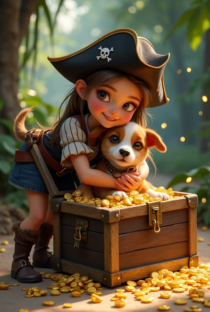 girl dressed as a pirate, dog in a treasure chest and girl hugging dog