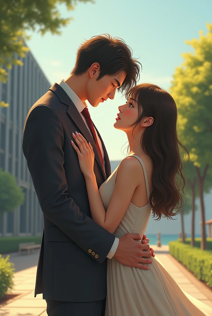 Sunny Afternoon、In front of a modern building、A man is hugging his wife while looking at another woman。. To his wife'Grab my shoulder、Japanese、Stretch out one arm to touch the other woman.