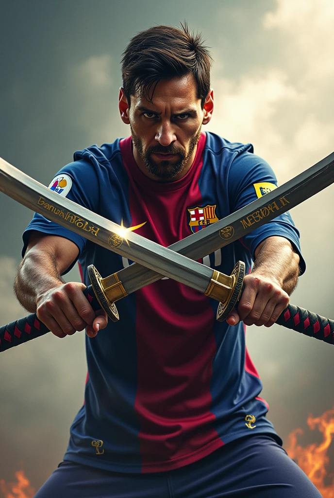 Messi is fighting with two big katana