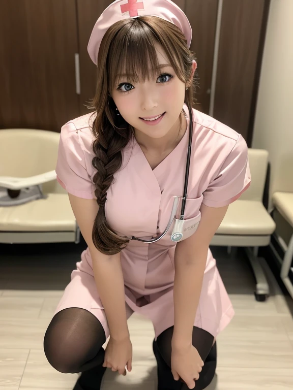 (Tabletop, Photorealistic:1.4, 8k), Highest quality, masterpiece, Ultra-high resolution, Perfect dynamic composition, Two cute and sexy Japanese nurses, Big Face, Round face, Sexy Face:0.4, Natural Makeup,(Distant eyes, blue eyes:0.8, Beautiful erotic eyes:0.85, Small Mouth, Thick lips, A taste of beautiful eroticism:0.85),(Light brown hair, French Braid:1.1), Highly detailed skin and facial textures:1.3, Sunburned skin:1.2, Slim figure, Mid-chest:1.2, Shiny thighs:1.2, Limb details, (Laughing and completely charming you:1.0), (Dark pink nurse costume:1.4, Nurse cap:0.5, Black Pantyhose:1.2), (Too cute beauty:0.9), Hospital room, ((Looking at the camera)), ((Squat on the side)),(Shooting from below:1.2)