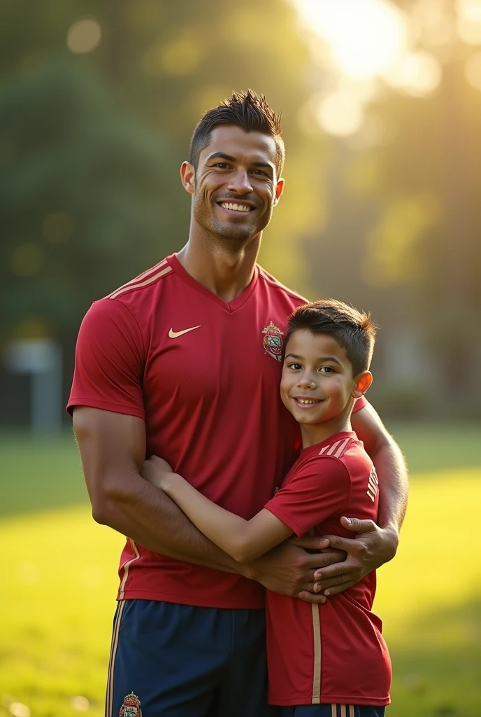 Cristiano Ronaldo child hugging with Lionel Messi child in a forest