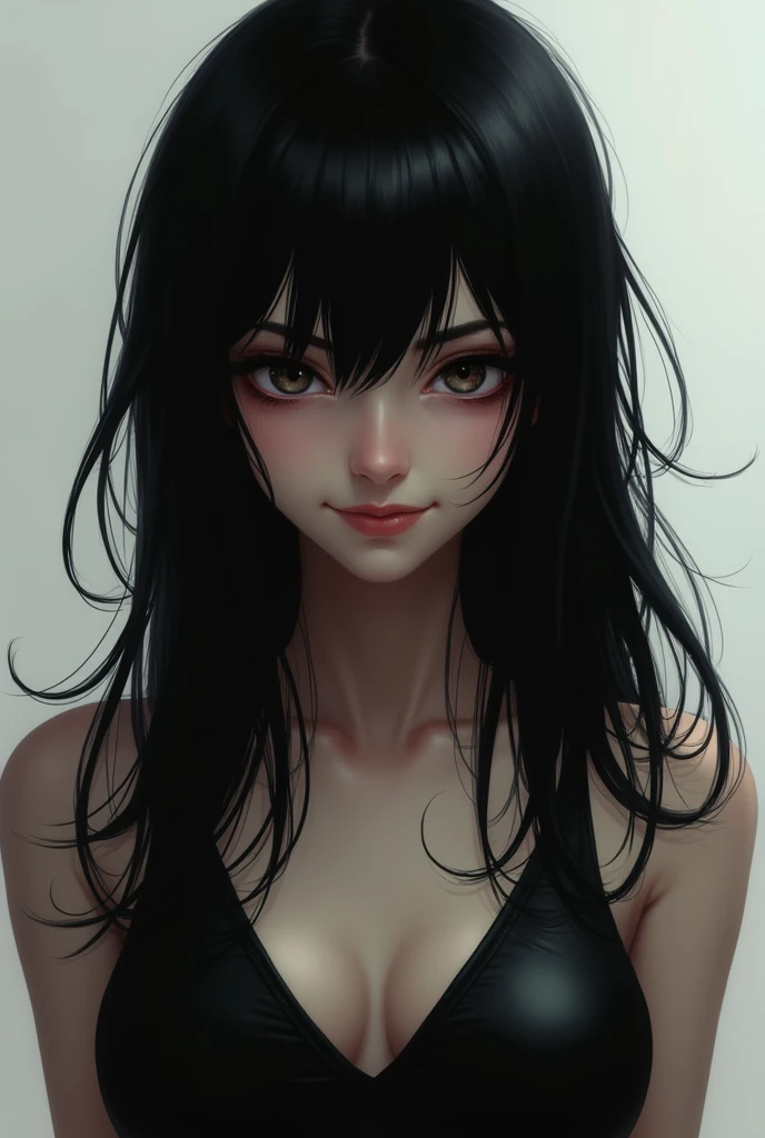 Make a girl with dark hair and long bangs with anger and sadness in her eyes with a sexier black outfit and a beautiful realistic smile
