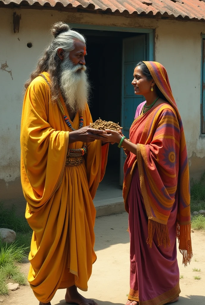 Sadhu wearing yellow attire, long beard, mustache, long hairs with top bun, standing in front of a house, lady wearing a saree, giving clothes to him