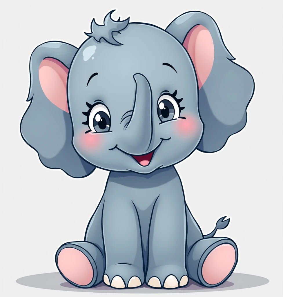 Cute little elephant, dark blue color, sitting on the ground, crossing his trunk and waving, in a simple flat cartoon style, on a white background with no shadows. This cute little gray elephant is gray with pink ears and eyes, and has a smiling facial expression showing its small teeth. The artwork has soft lines and smooth edges in a cartoon animal illustration style with a simple design and 3d rendering with high resolution and professional quality.