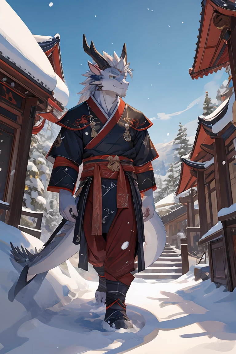 best quality，Ultra HD，Second Dimension，Close perspective，The most exquisite eyes［The most exquisite eyes：2.1］，Standing in the snow next to the pavilion in the snowy mountains，male，White Dragon，White Hair，The tail is white.，There are many scales，There are two brown horns on the head，Gray Eyes，Black and red heavy ancient style Hanfu