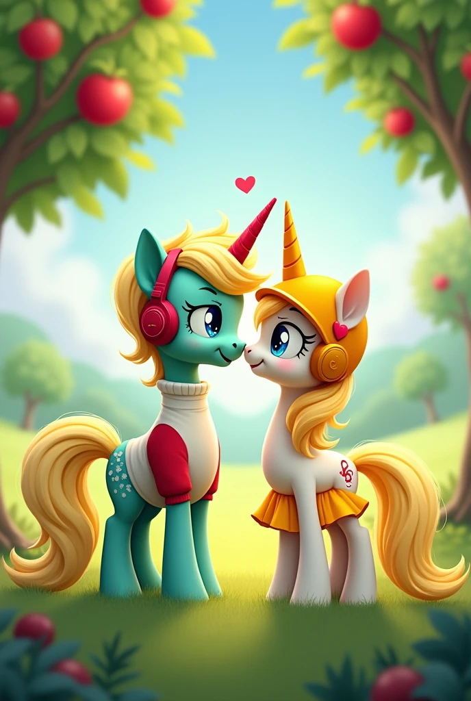 Male Alicorn Pony with mint green fur with white freckles and blue eyes; white sweatshirt with red sleeves,red gamer headphones; music note cutemark. Winged a female alicorn pony with yellow hair and a yellow tail,White fur,big yellow bow on the nape of the neck,yellow helmets,light blue eyes, dress with short yellow skirt. Lovers looking flirtatiously at each other kissing in a field in front of an apple tree. My Little Pony style 2D image