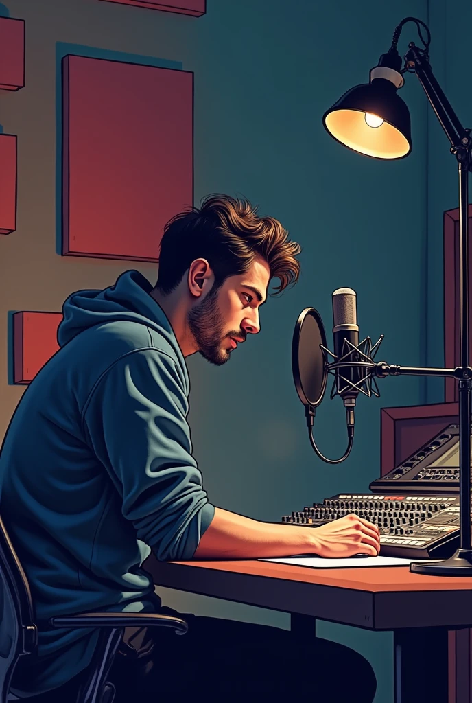 A men who set on his studio with a mic in front of camera. 2d