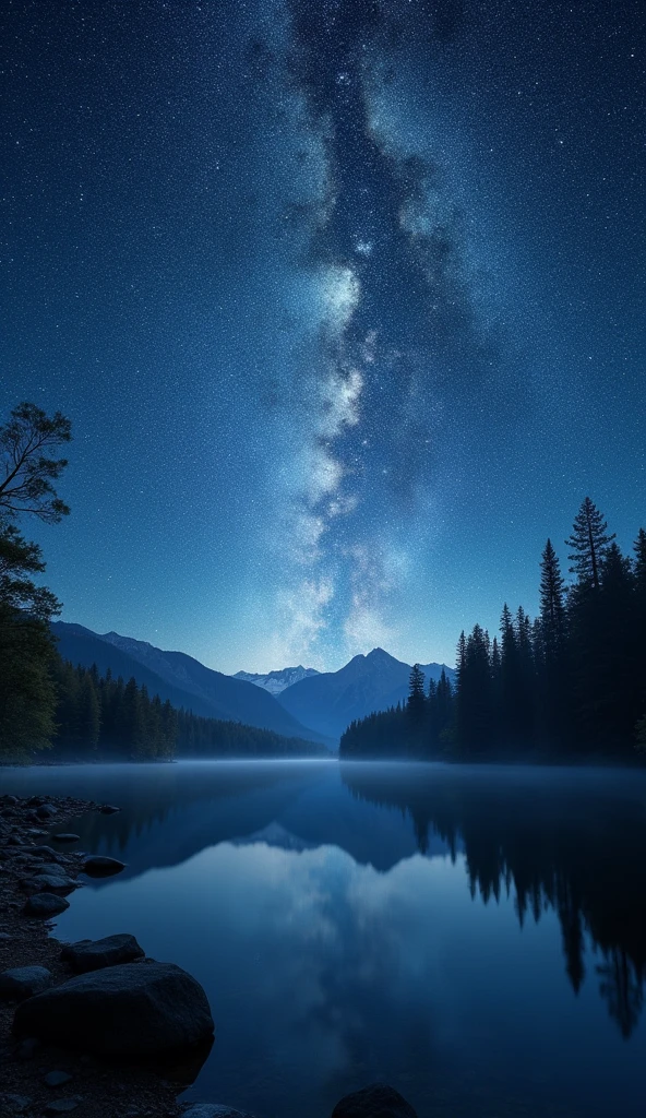High-resolution photography, National Geographic style, capturing the mesmerizing night scene by the lake, where the sky is adorned with a swirling galaxy of stars, the Milky Way's spiral arms clearly visible, the lake's surface mirroring the celestial dance above, the surrounding landscape bathed in the soft glow of moonlight, trees and distant mountains silhouetted against the luminous sky, the air filled with the serene sounds of the night, the long exposure technique revealing the subtle movements of the stars, creating a sense of dynamic motion in the sky, the interplay of light and shadow enhancing the depth and detail of the environment, the juxtaposition of the calm lake and the vast, swirling galaxy evoking a profound sense of awe and connection to the cosmos, masterpiece, best quality, documentary style, atmospheric lighting, depth of field, detailed environment.