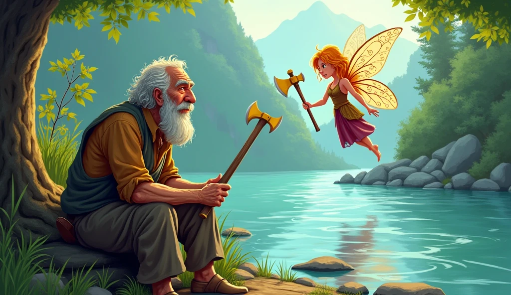 Poor old woodcutter sit on the bank of river and fary go in to water She dived into the river and brought up But the water comes with three axes golden silver and simple give the man cartoon