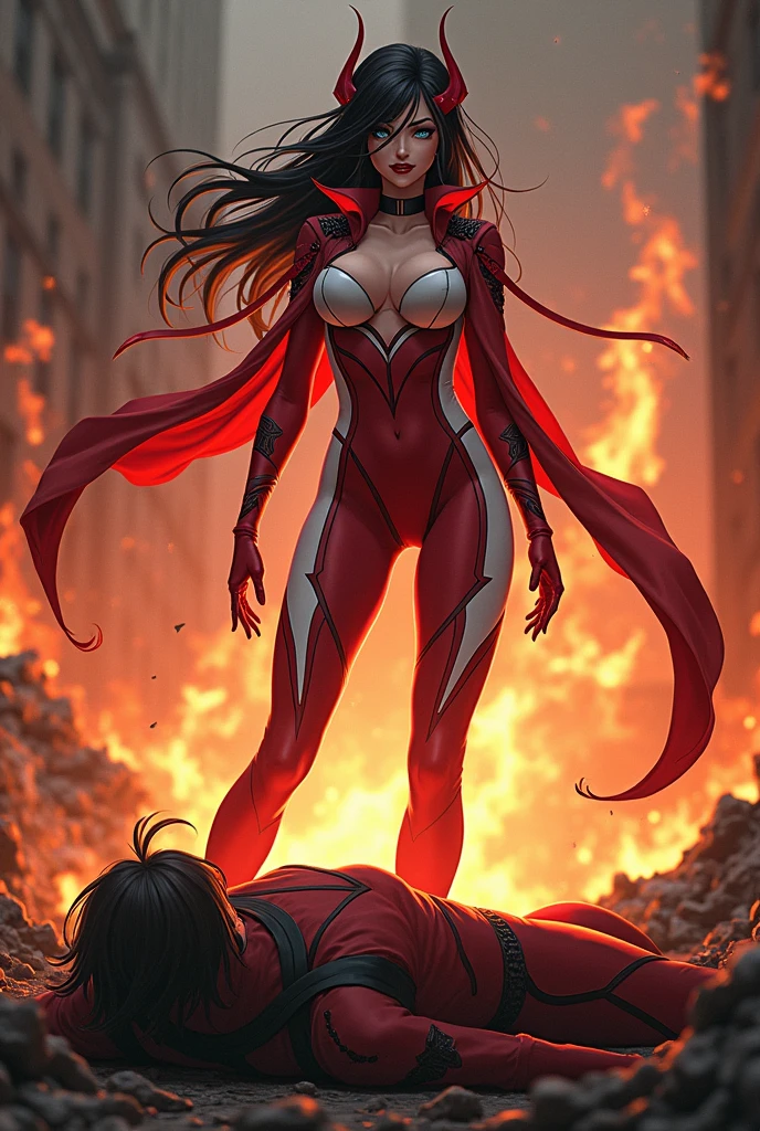 Anime style. Japanese dark haired female supervillain with fire powers and a red and white skintight costume is standing triumphantly over the body of a costumed hero. An evil smirk crosses her black lips. Evil wins, lots of dead bodies and destruction. 