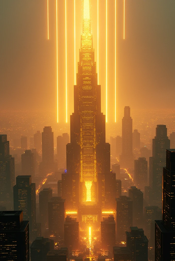 A futuristic background of a golden glass pyramid with laser beams leads to a hyper-realistic scific city with huge skyscrapers. The hyper resolution of the background is 4k and has an aspect ratio of 16:9.golden pyramid, masterpiece, anatomically correct, super detail, high quality, best quality, 8k, 16k, high details