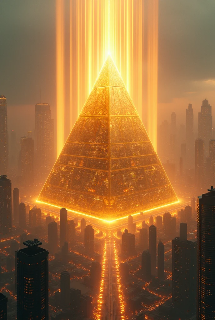 A futuristic background of a golden glass pyramid with laser beams leads to a hyper-realistic scific city with huge skyscrapers. The hyper resolution of the background is 4k and has an aspect ratio of 16:9.golden pyramid, masterpiece, anatomically correct, super detail, high quality, best quality, 8k, 16k, high details