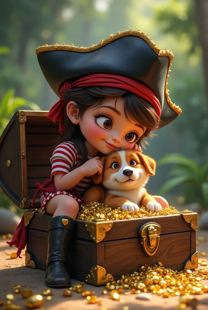 girl dressed as a pirate, dog in a treasure chest and girl hugging dog
