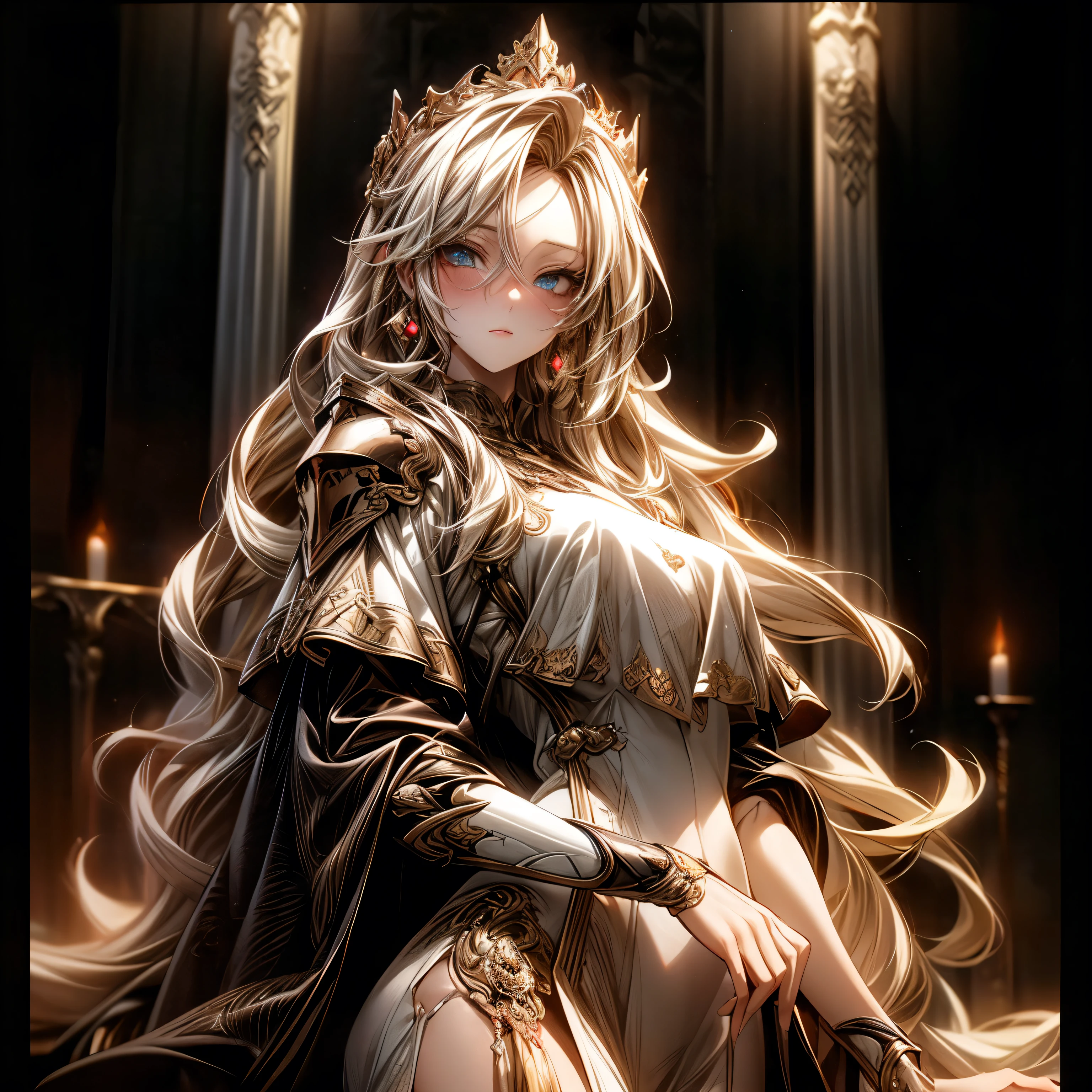 (best quality)), ((Masterpiece)), (details:1.4), 3d, HDR (high dynamic range), an image of a beautiful cyberpunk female, Medieval, Blonde hair, Long hair, Full body, Beautiful white eyes, จมูกโด่ง, ปากแดง, หน้าอกใหญ่, nvidia RTX, PBR surface, After processing, Anisotropic filtration,depth of field, Maximum clarity and clarity, multi-layered surface, Subsurface scattering, perfect proportions, 8K raw files, ultra detailed, Perfect proportions, volumetric lighting, soft lighting, Holy Knight, Heavy Silver Armor, Golden dress, glossy skin, intricate silver embroidery, Throne background, jewely, ต่างหู, นิ้วมือสมบูรณ์,