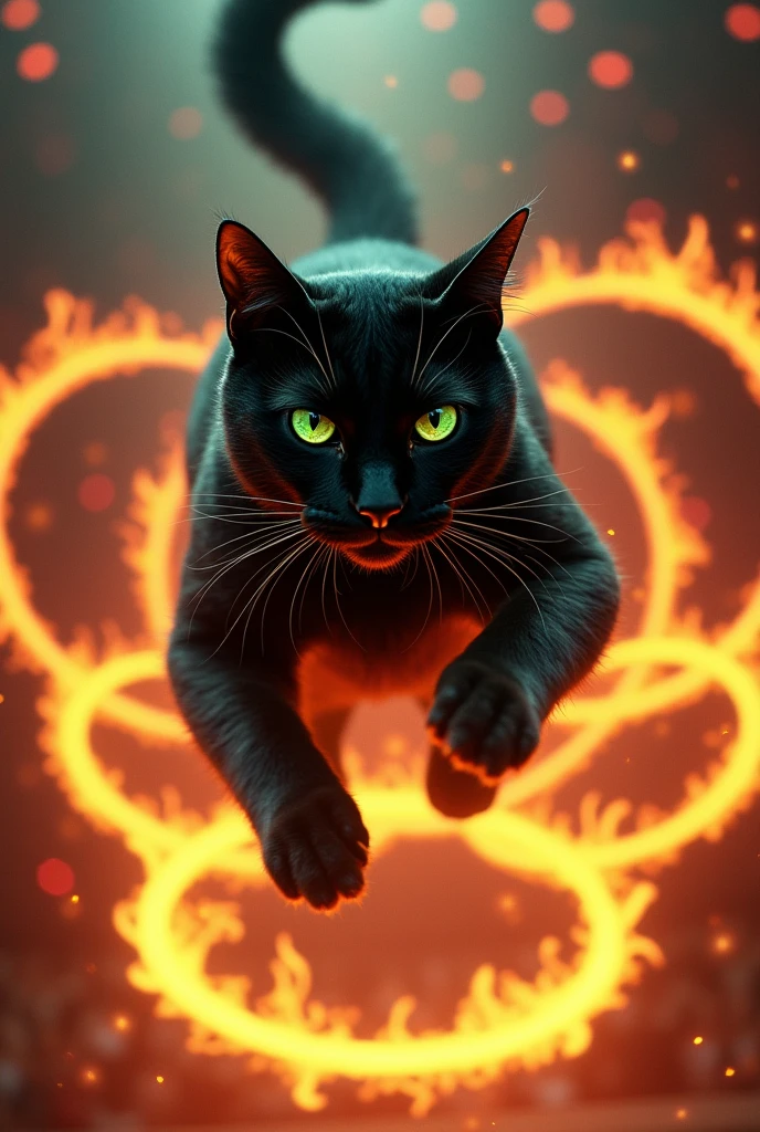 Black cat with green eyes jumps through rings of fire at circus. Dynamic scene, bright lights, sense of danger."