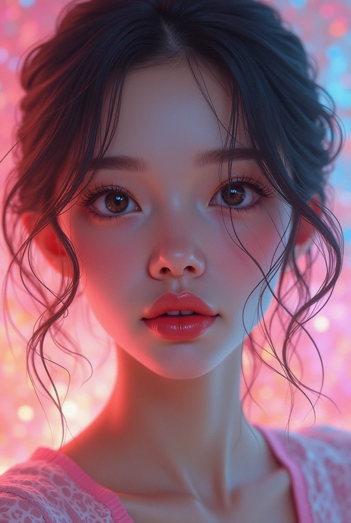 A realistic digital art of a woman face with a candy color ambient 

