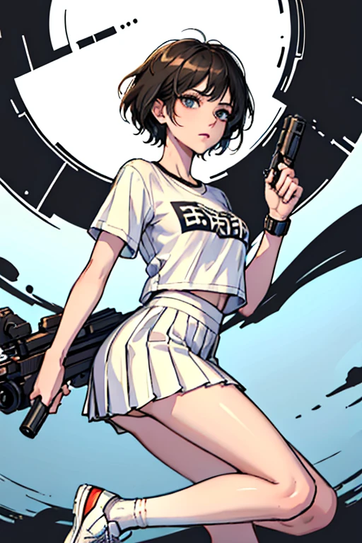 Highest quality、Ultra HD、One Woman、(Black short hair 1.3)、(White T-shirt 1.3)、(White sneakers 1.1)、(White pleated skirt 1.2)、((Shooting a gun 1.2))、(White knee-high socks 1.2)、(Boyish and well-proportioned face 1.2)、2 female、Toned body、(Evening city background 1.2)、((Clear and beautiful touch))