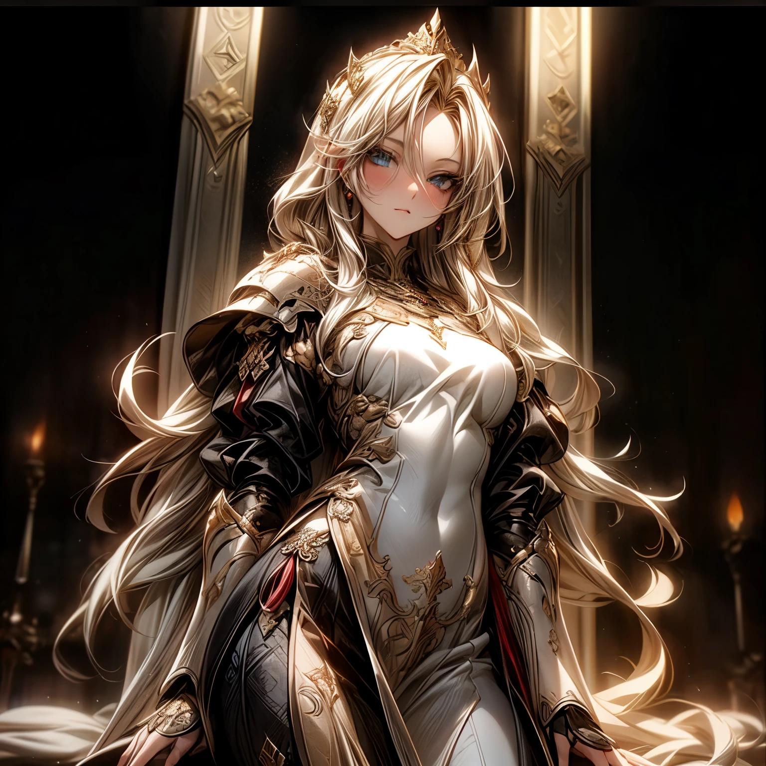 (best quality)), ((Masterpiece)), (details:1.4), 3d, HDR (high dynamic range), an image of a beautiful cyberpunk female, Medieval, Blonde hair, Long hair, Full body, Beautiful white eyes, จมูกโด่ง, ปากแดง, หน้าอกใหญ่, nvidia RTX, PBR surface, After processing, Anisotropic filtration,depth of field, Maximum clarity and clarity, multi-layered surface, Subsurface scattering, perfect proportions, 8K raw files, ultra detailed, Perfect proportions, volumetric lighting, soft lighting, Holy Knight, Heavy Silver Armor, Golden dress, glossy skin, intricate Golden embroidery, Throne background, jewely, ต่างหู, นิ้วมือสมบูรณ์,