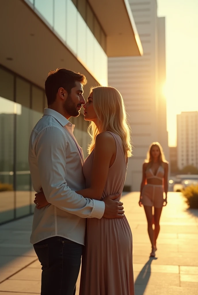 Couple in love hugging and giving a French kiss at the mall, um homem ((30 anos,pele caramelo, com cavanhaque, corte buzz)) E mulher ((americana, 25 anos, pale skin and freckles, olhos cinzas, nariz delicado, soft and delicate lips, cabelo blondie cinza longo e ondulado)), dinamic poses, ultrarrealista HD altamente renderizado fotorrealista, luz natural do dia, Fuji Camera, foto de corpo inteiro