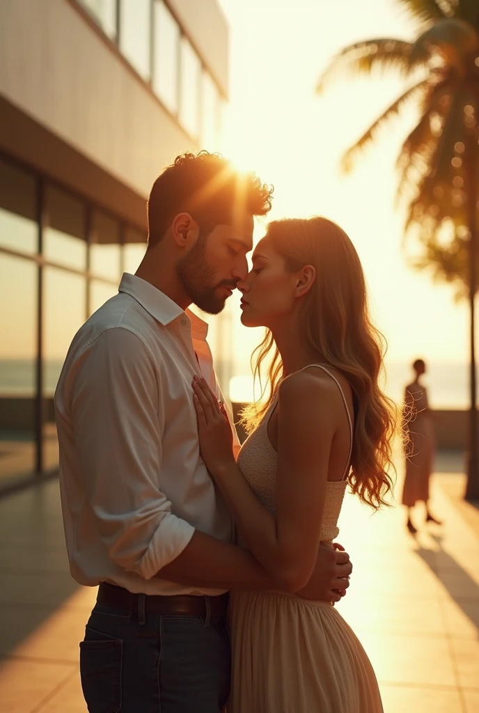 In front of a modern building on a sunny afternoon、The man is embracing his wife、Looking at another woman in the distance。 