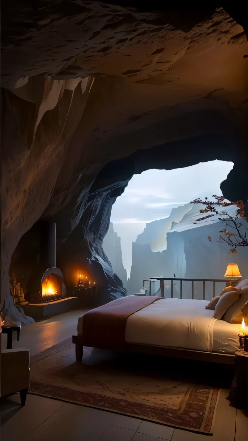 there is a bed in a cave with a fireplace in the corner, cave, inside a cave, inside of a cave, cave setting, caves, inside of an expansive cave, an extremely large cave, cozy bathhouse hidden in a cave, Comfortable place, beautiful fantasy cave scene, Comfortable room, cave lighting, in a cave, ambient cave lighting, Luxurious environment