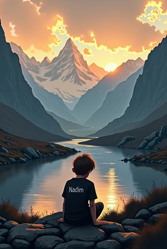 A sad boy is sitting alone,beside a river,on the mountain, sunsetting time, nadim name written on his backside of a black t shirt