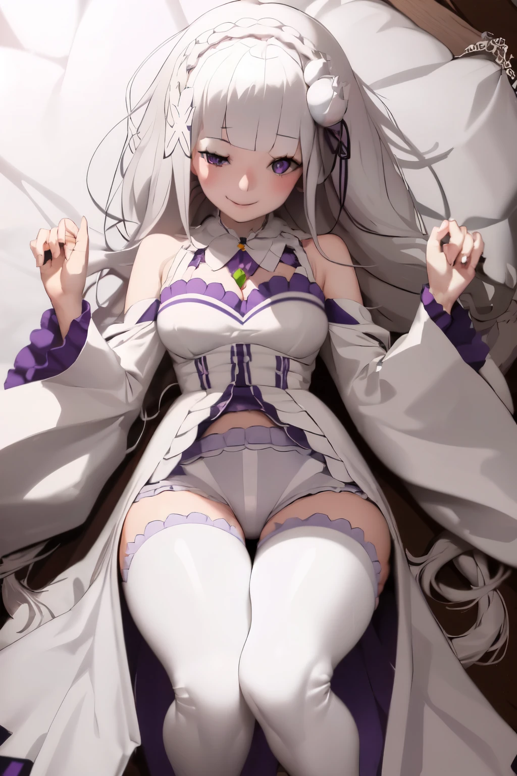 masterpiece, 1girl, Emilia, blunt bangs, long hair, crown braid, Supplemental long legs, white pants lace pattern, Supplemental long legs, white pants lace pattern
Open legs
white dress, detached collar, wide sleeves, x hair ornament, hair flower, hair ribbon, white thigh boots, cleavage, purple frills, pleated_white_skirt
sitting on bench, garden, arms at sides,
looking at viewer, (smile:1.2), blush, from above,