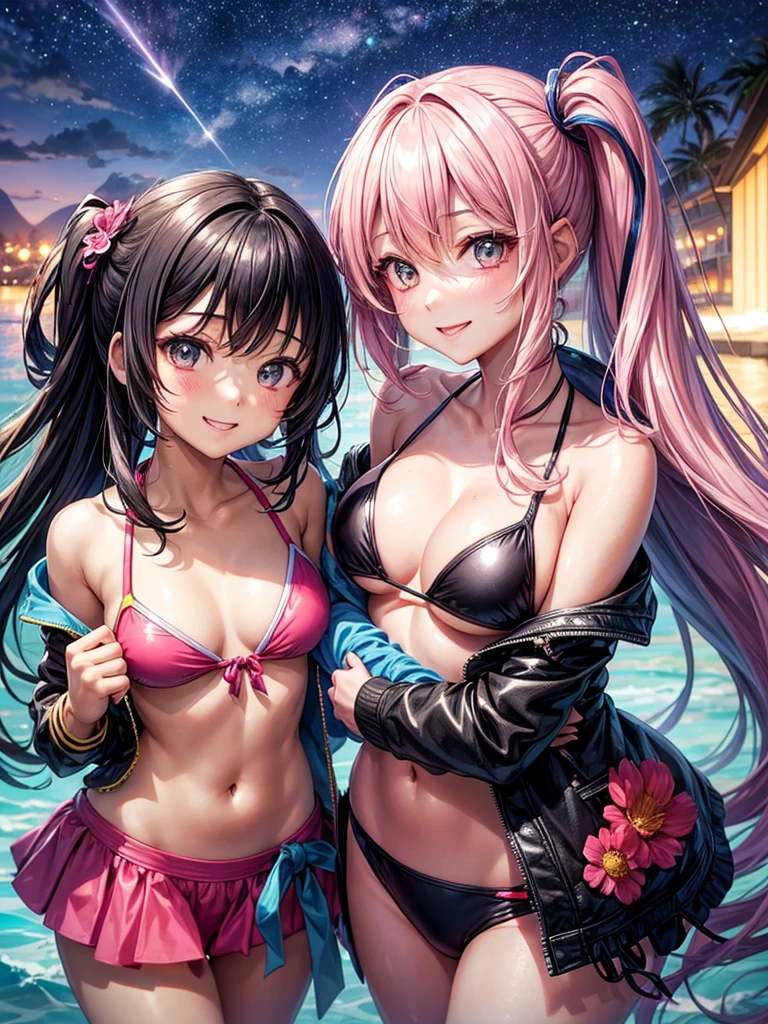 best quality,,smile,blazer,swimsuit,nepal,Beautiful girl with superpowers,Ignition ability,Blitzkrieg,Psychic,High-dimensional beautiful girl,leather jacket,全く新しいSwimwear,未来のSwimwearコーデ,美しいbikini,Multidimensional beautiful girl,Several girls are depicted,They are hugging each other,Colorful,Different world,Collective of girls,JK,Swimwear,bikini,,Sexy and cute,new hairstyle,New generation,Evolution of fashion,middle School girlultiple girls are depicted,harem,idol group,starry sky background,photo shoot,long hair,wearing a cardigan,beautiful girlの国,girl's paradise,highest quality,big breasts,leather jacket,happy girl,horny girl,Blue eyes,perfect face,standing position,She has her bangs down,fur jacket,Beautiful eyes,smooth hair,perfect eyes,beautiful girl,Angel Girl,multicolored hair colors,naughty girl,beautiful,High-dimensional beautiful girl,Multidimensional beautiful girl,gathering,Group、,