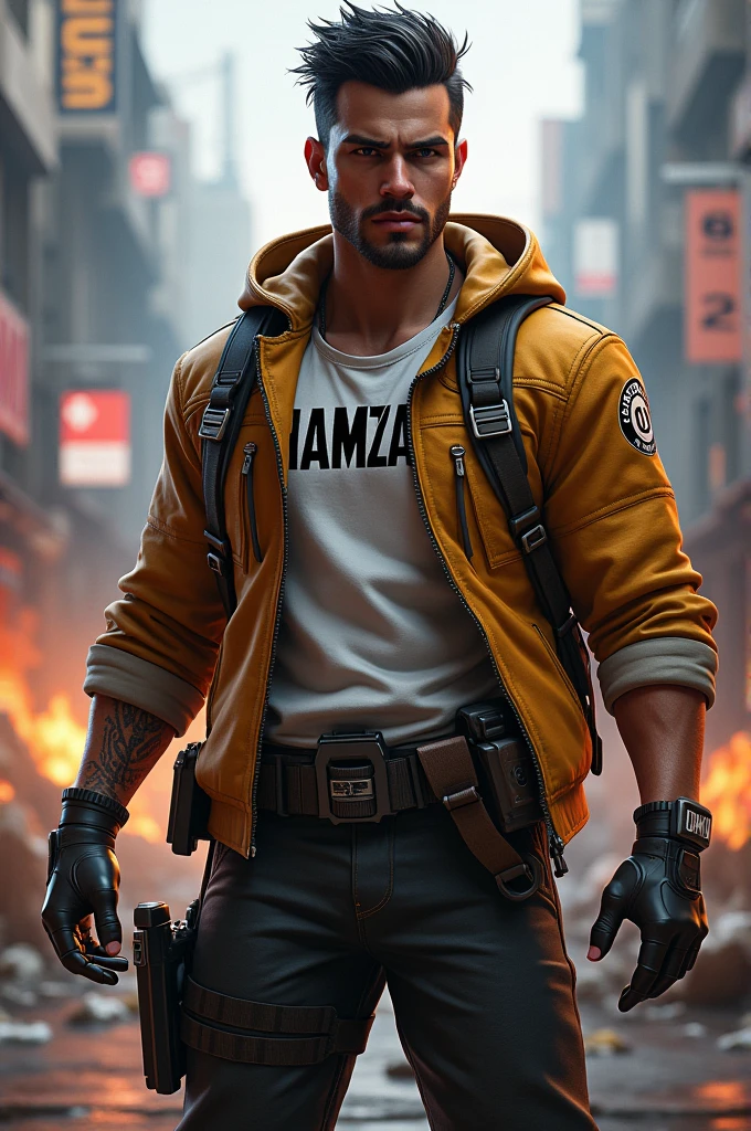 A free fire character wear a shirt on which HAMZA NAME WAS WRITTEN