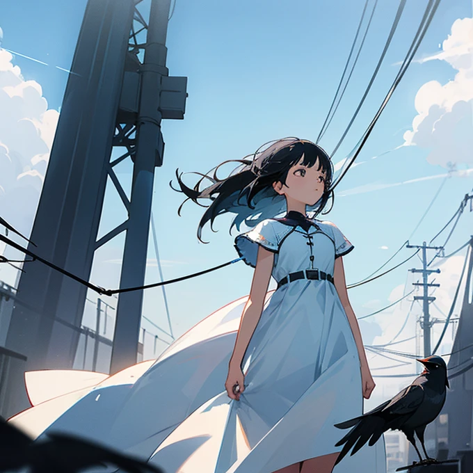 Girl, black hair, white dress, looking up, blue sky, lots of electric wires, pylon, crow, wind, sunlight