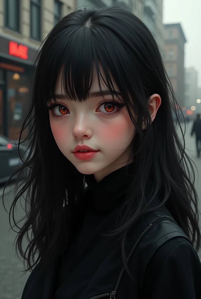 Make a teenager with dark, long hair and bangs with anger and sadness in her eyes with a sexier black outfit and a beautiful realistic smile Make her with reddish brown eyes and a background of a building 