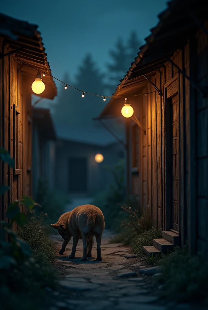 in the village alley at night the houses are made of wood and lit by dim round light bulbs, there is a scared dog
