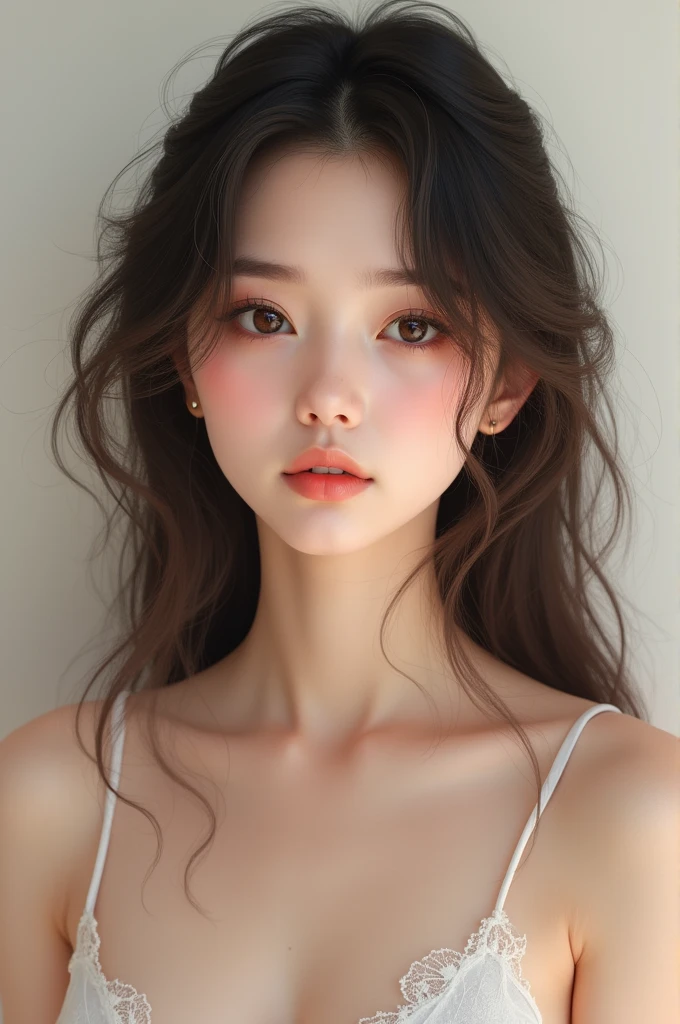 Generate a image of a girl, who is 19 yrs old, 163 cm hight and 51 kg weight. Rectangular body shape, heart or oblong face shape, almond eyes with thick eyelashes and eyebrows, thin lips, wide nose, 2a wavy hair with medium long which touches till chest, almond skin tone, boobs size of 34 
